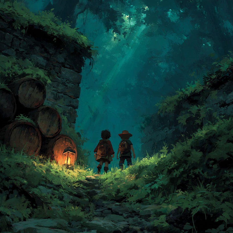 Two young adventurers walk through a glowing forest path, lantern in hand, on a mission to uncover the mystery of disappearing children in a tabletop RPG.