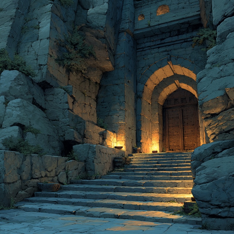 A mysterious stone doorway hidden in ancient ruins, lit by torches, perfect for a secret dungeon quest in a fantasy RPG campaign.