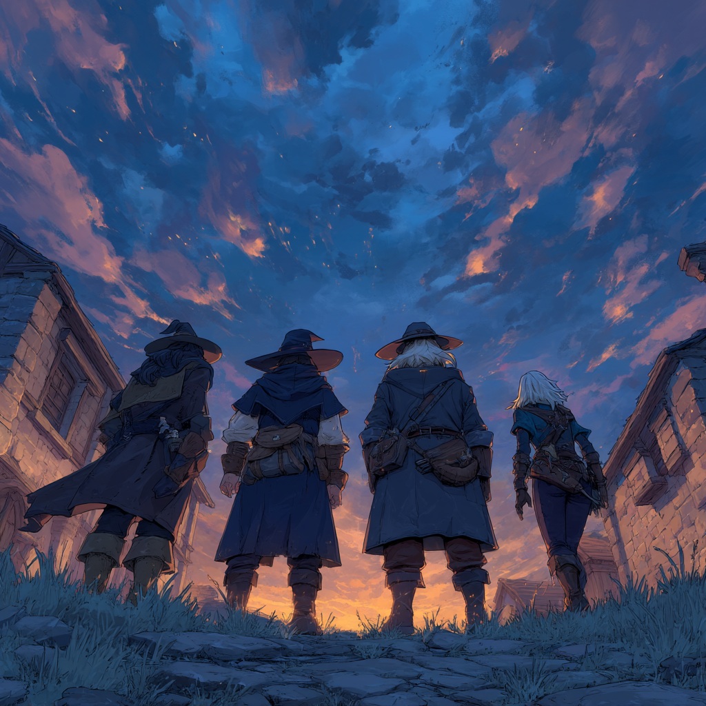A party of four adventurers stands in the twilight of a fantasy village, ready to begin a new quest in a tabletop RPG campaign.