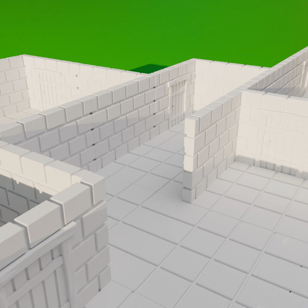 Example layout using modular dungeon tiles with doors for tabletop games.