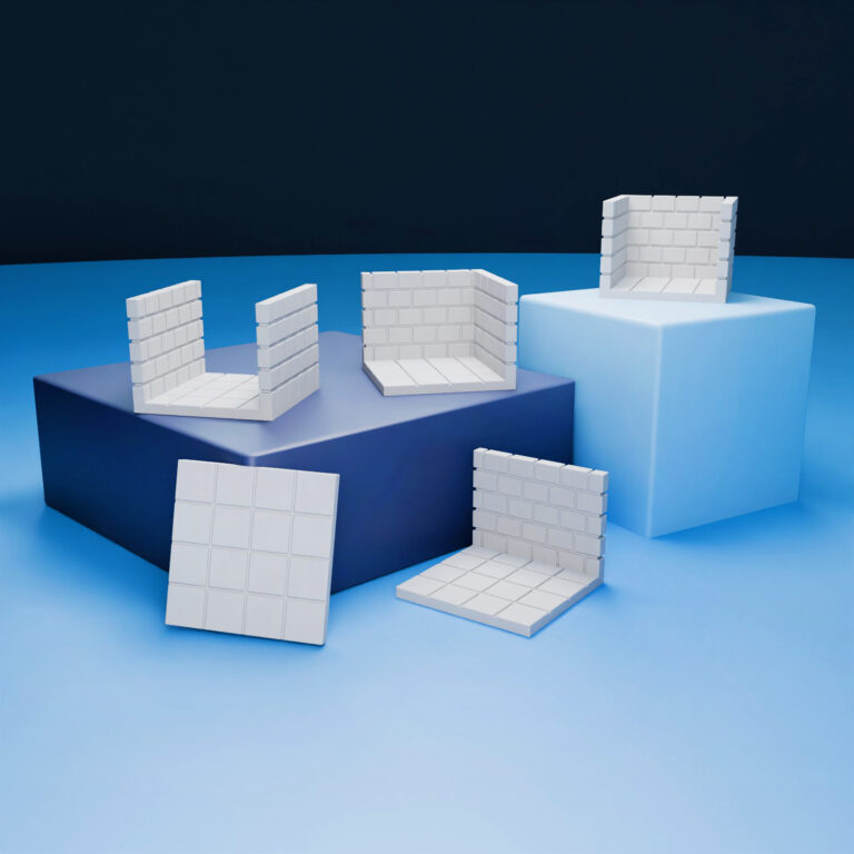 Full set of five modular 3D dungeon tiles for fantasy terrain in simple stone texture