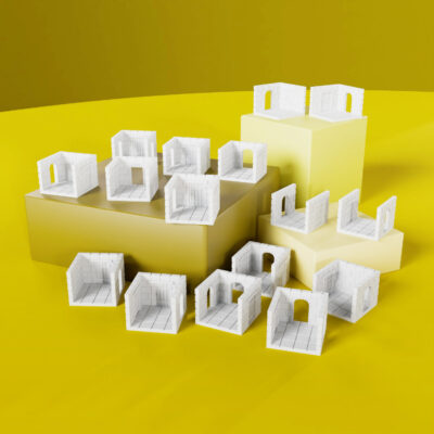 Set of modular 3D dungeon tiles combining doors and arches for RPG maps