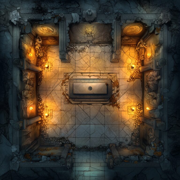 Top-down view of an ancient stone tomb battle map for DnD and fantasy RPGs, featuring statues, torches, and a central sarcophagus in a cracked, mystical dungeon.