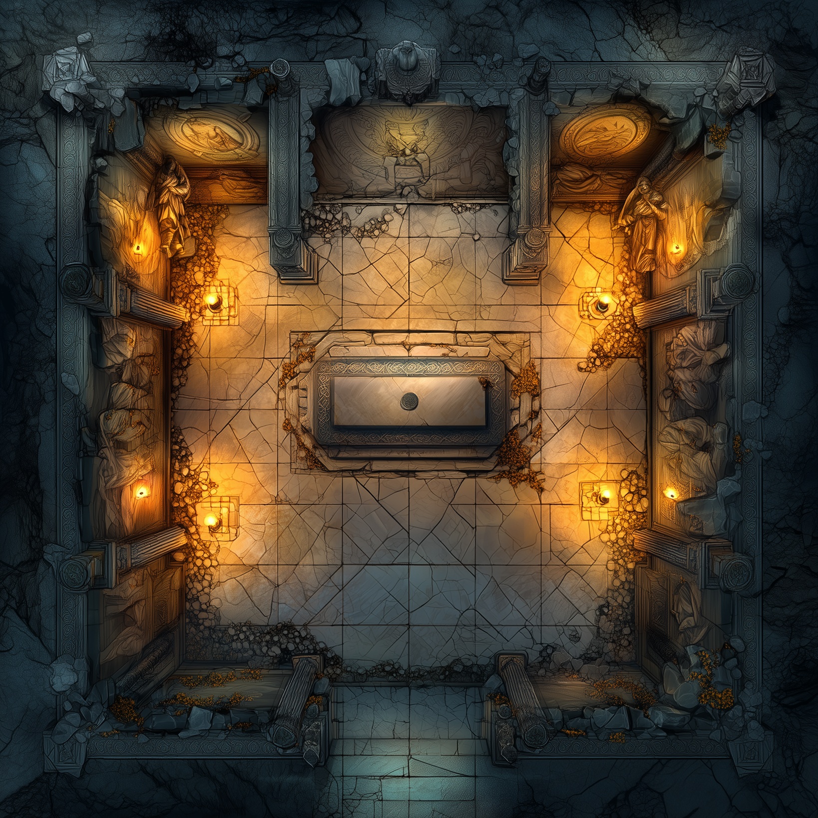 Top-down view of an ancient stone tomb battle map for DnD and fantasy RPGs, featuring statues, torches, and a central sarcophagus in a cracked, mystical dungeon.