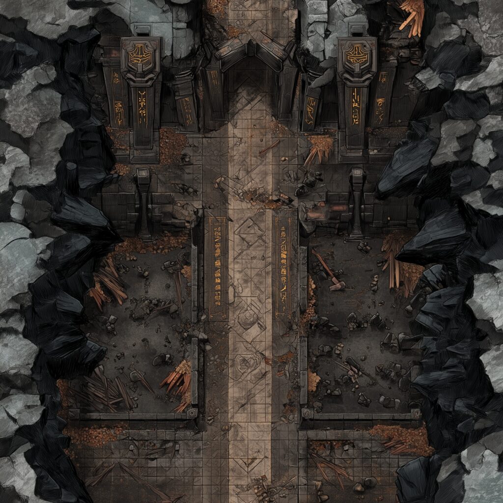 Overhead view of a dwarven dungeon entrance carved in rock, with golden runes, broken structures, and debris—perfect for high-stakes RPG encounters.
