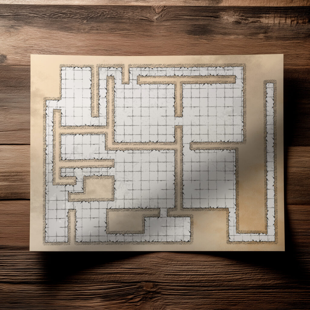 A hand-drawn blank dungeon battlemap, grid-based layout is clean and undecorated, ready for customization