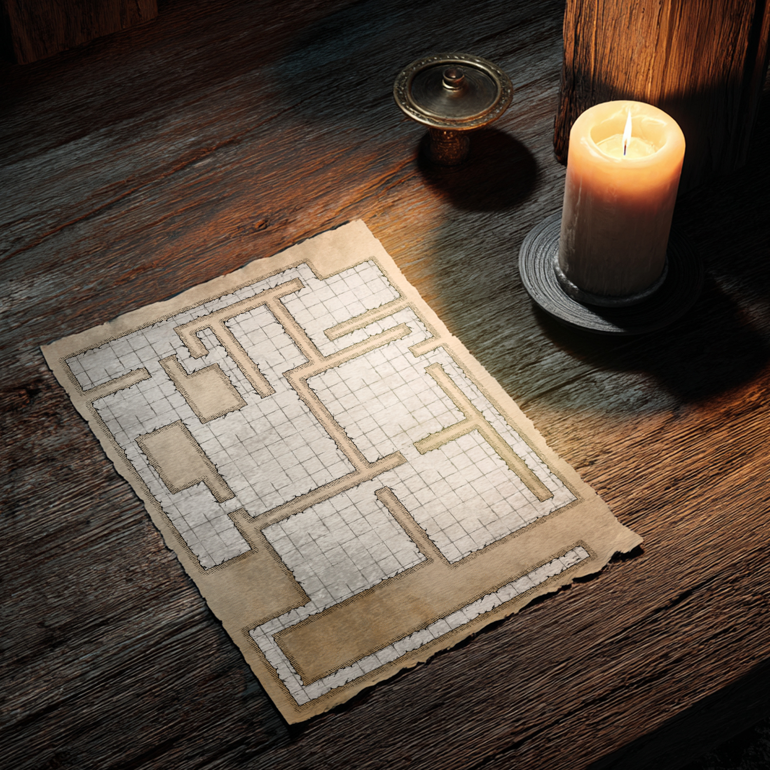 Empty dungeon layout with grid and hand-drawn stone walls – digital battle map for tabletop RPGs