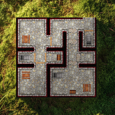 Printed stone dungeon tiles assembled on a grassy surface