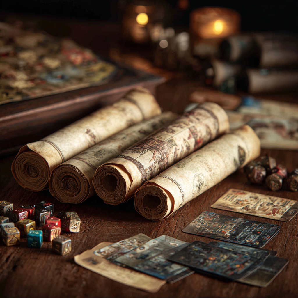 Ancient scroll maps and colorful dice symbolizing RPG benefits and advantages in tabletop storytelling.