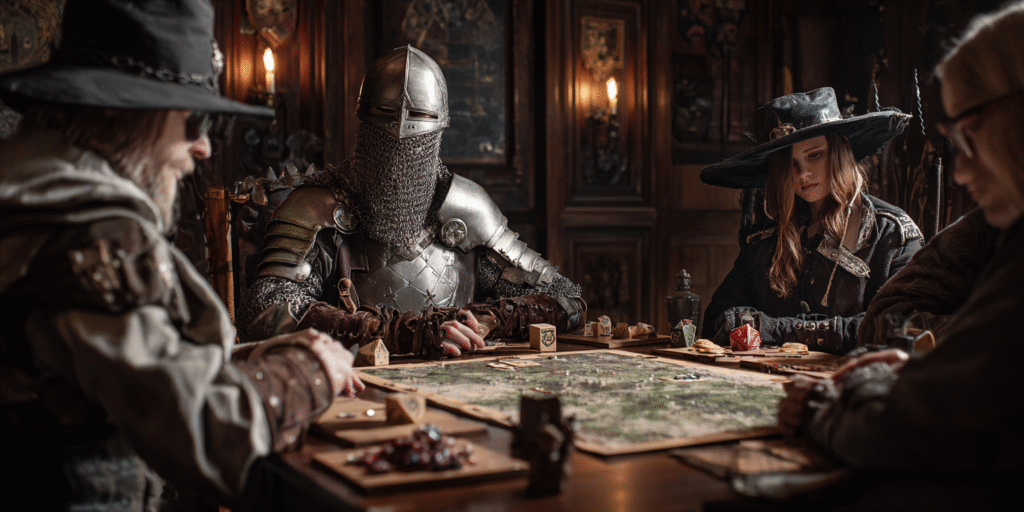 Group of people dressed as fantasy characters playing an RPG, highlighting creativity and immersion benefits.